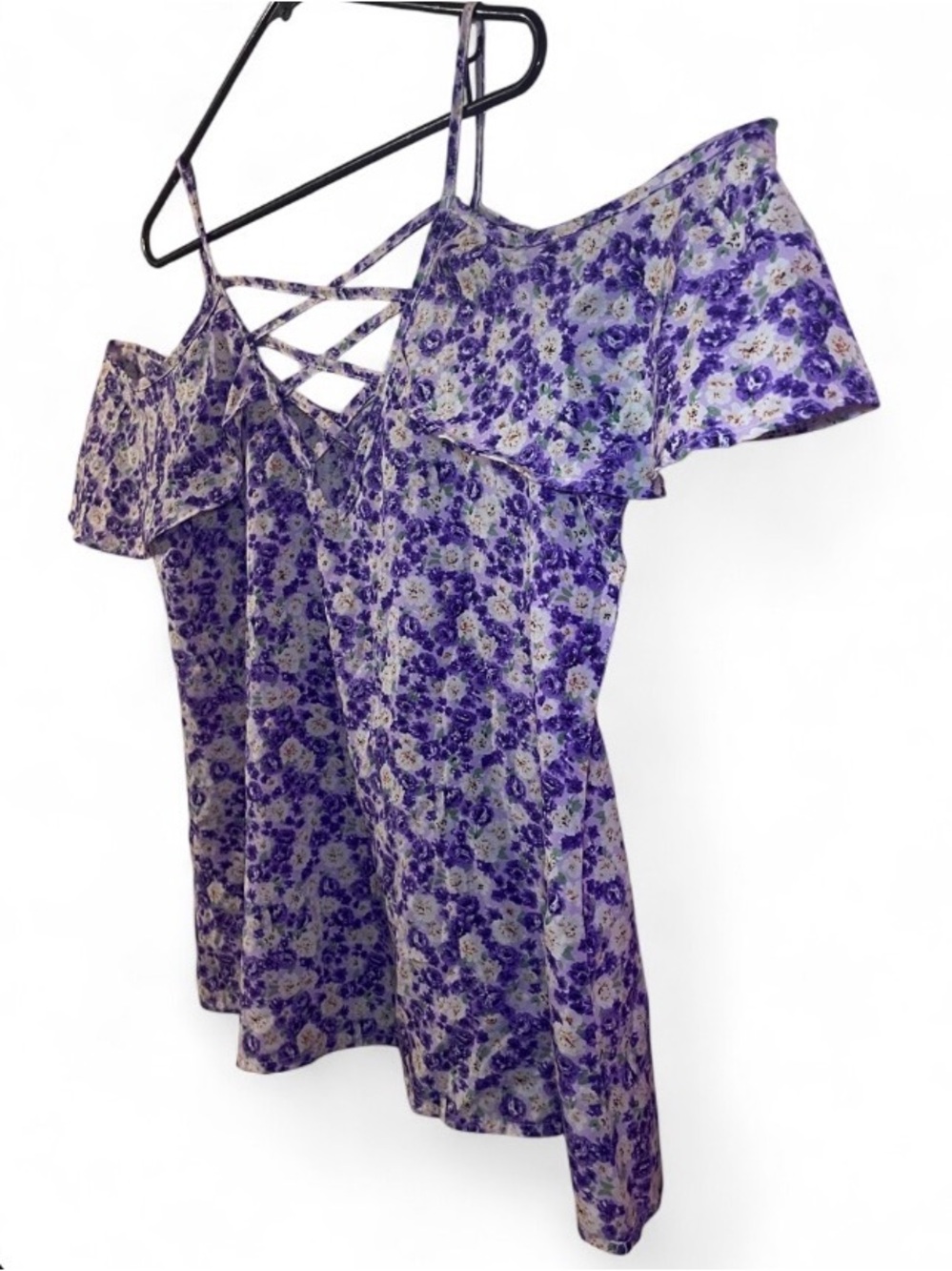 Purple Floral Cold Shoulder Top Lattice Criss-Cross Neck Ruffle Blouse,2X